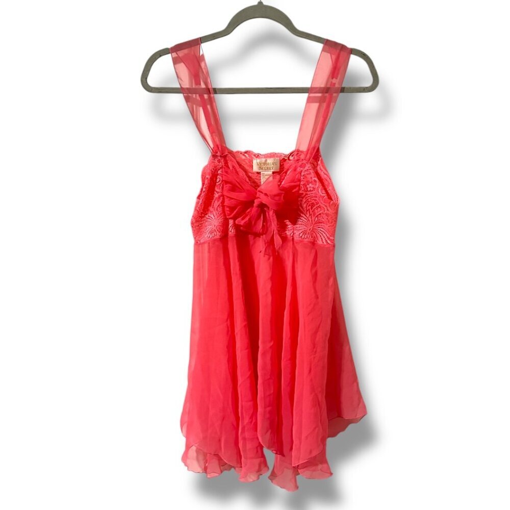 Vintage 80s Victoria’s Secret Pink Chiffon Babydoll Slip Dress Womens Size Large